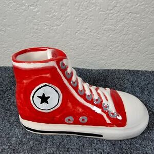 Converse Style Ceramic Sneaker Planter 7" Red High Top Shoe Vase Decor Art Cool